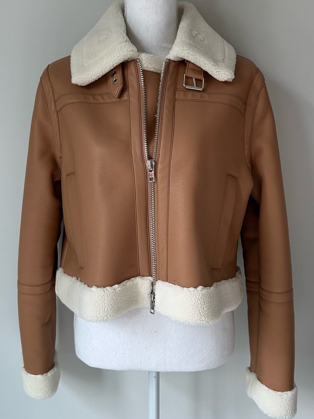 Stand Studio Tan Faux-Shearling Aviator Jacket with Cream Trim